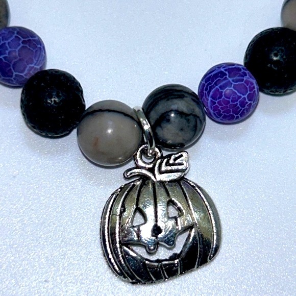 Handmade Halloween Pumpkin Charm Bracelet with Purple Amethyst and Lava Stones! - Picture 7 of 7